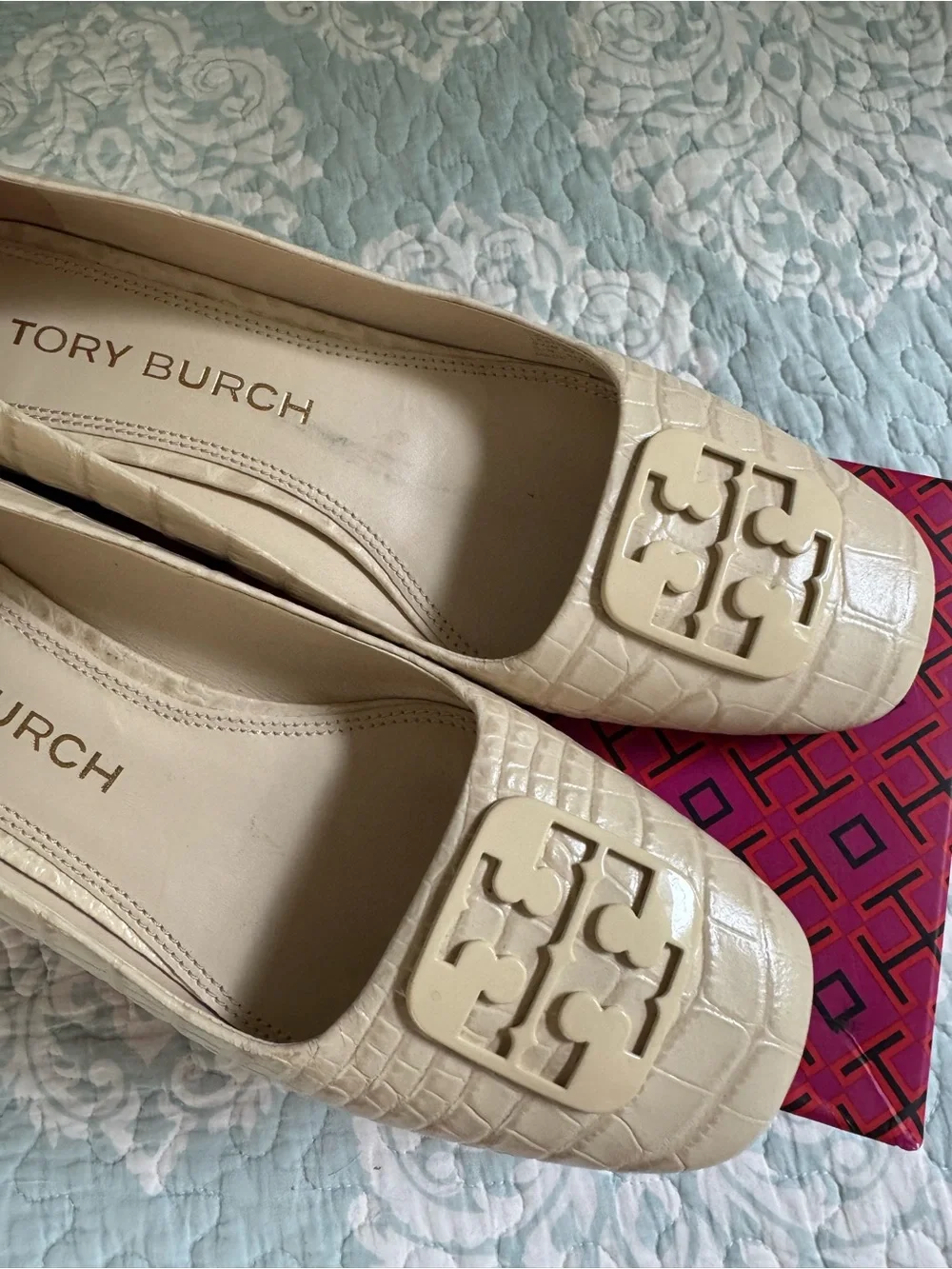 Tory Burch Cream Croc-Embossed Logo Heels
